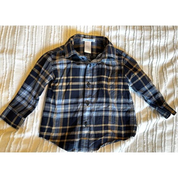 Janie and Jack Baby Blue Plaid Button Up Shirt 12-18 months 100% Cotton - Picture 1 of 3